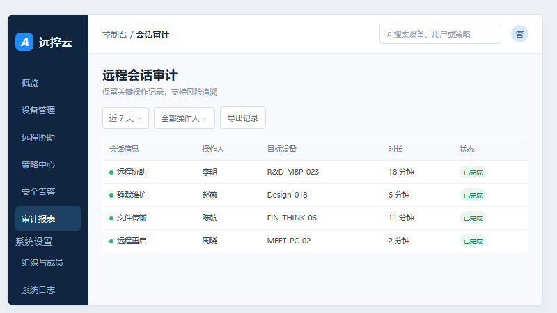 企业会话审计与时间线查看界面
